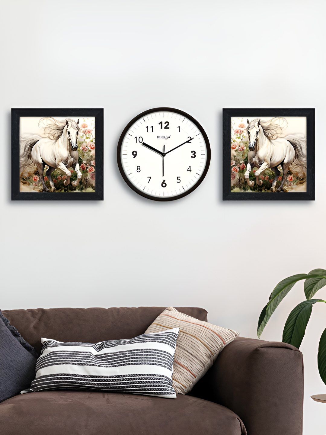 RANDOM White & Brown 3 Pieces Printed Contemporary Wall Clock & Wall Art
