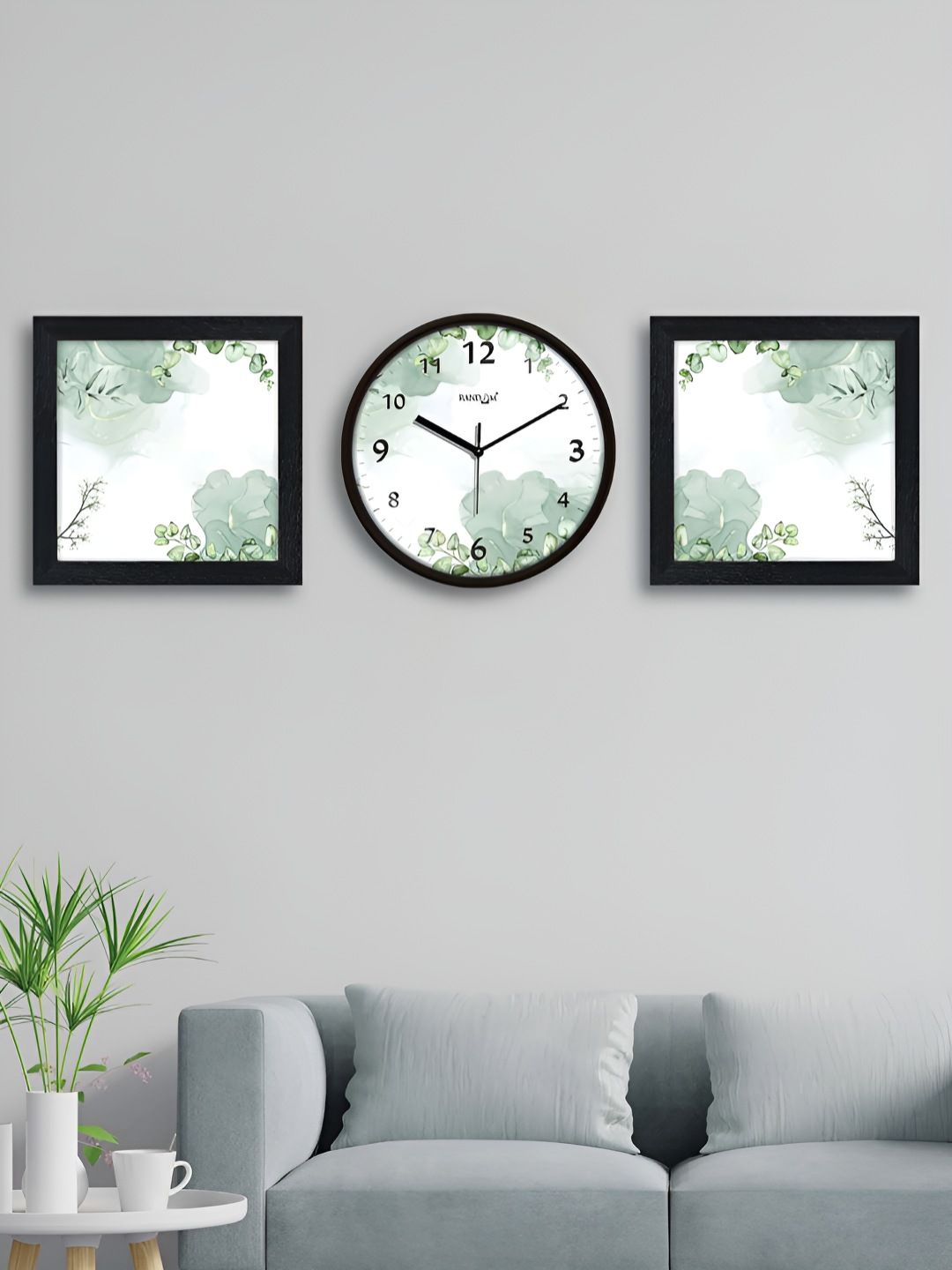 RANDOM 3 Pieces White & Green Floral Printed Contemporary Wall Clock & Wall Arts