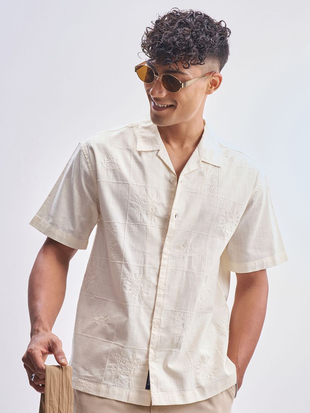 Highlander Men Cream Dori Embroidery Cuban Collar Relaxed Shirt