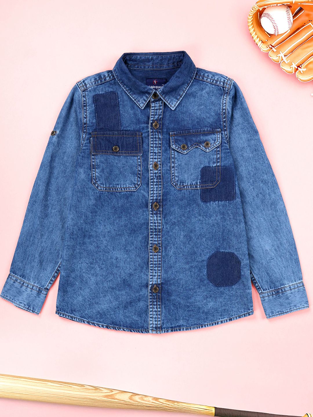 KiddoPanti Boys Faded Spread Collar Cotton Shirt