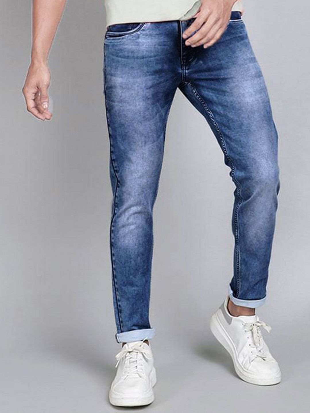 fineblu Men Slim Fit Mid-Rise Heavy Fade Stretchable Jeans