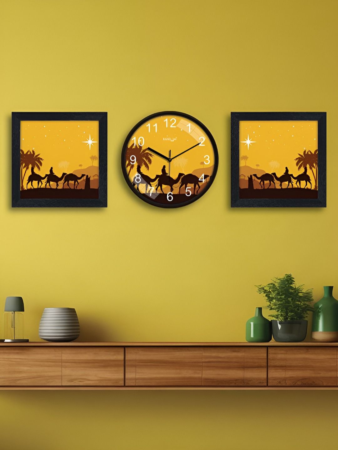 RANDOM 3 Pieces Yellow & Black Abstract Printed Contemporary Wall Clock & Wall Arts