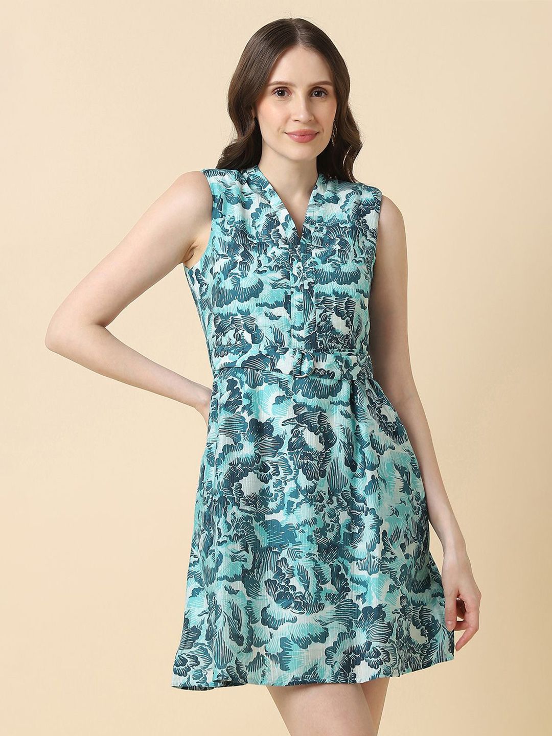 Allen Solly Woman Tropical Printed Belted Fit & Flare Mini Dress