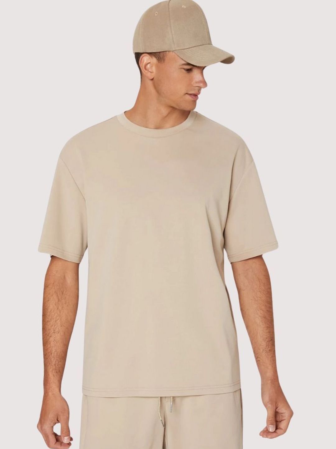 SMAN Beige Oversized Crew Neck Cotton T-shirt