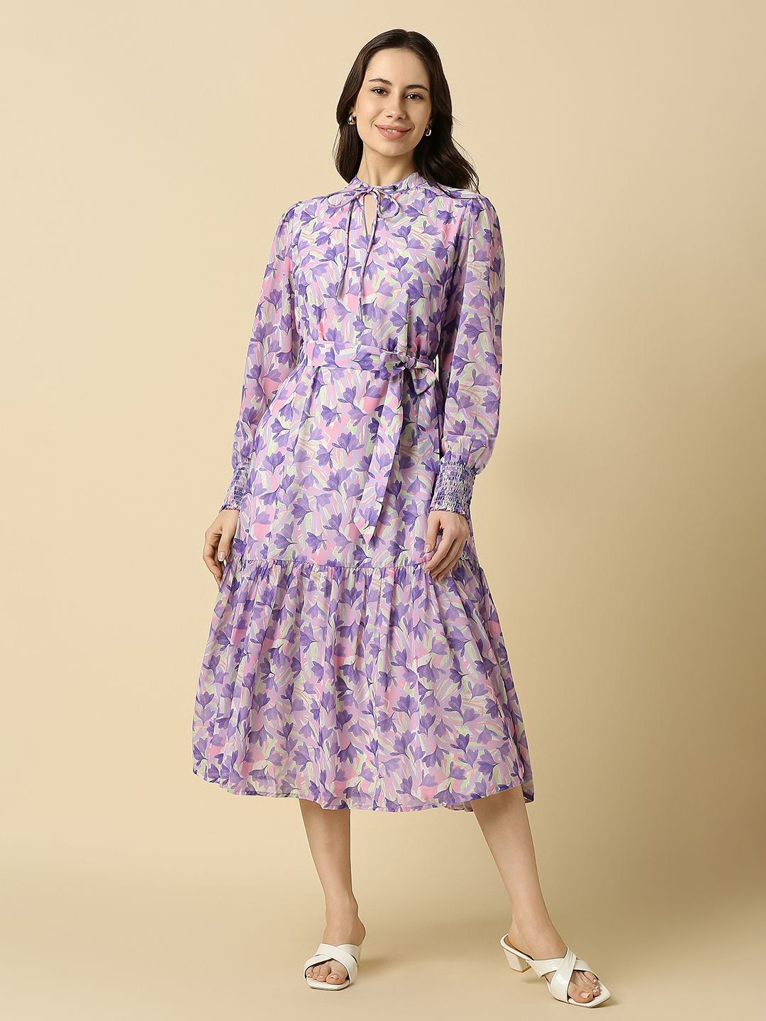 Allen Solly Woman Floral Print Tie-Up Neck Belted Tiered A-Line Midi Dress