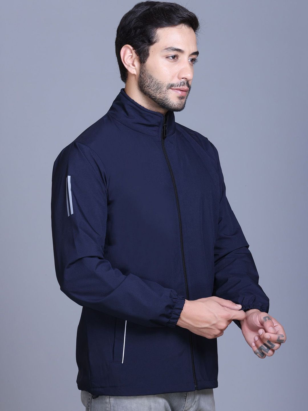 The Roadster Lifestyle Co Men Solid Mock Collar Windcheater Zipper Tailored Jacket