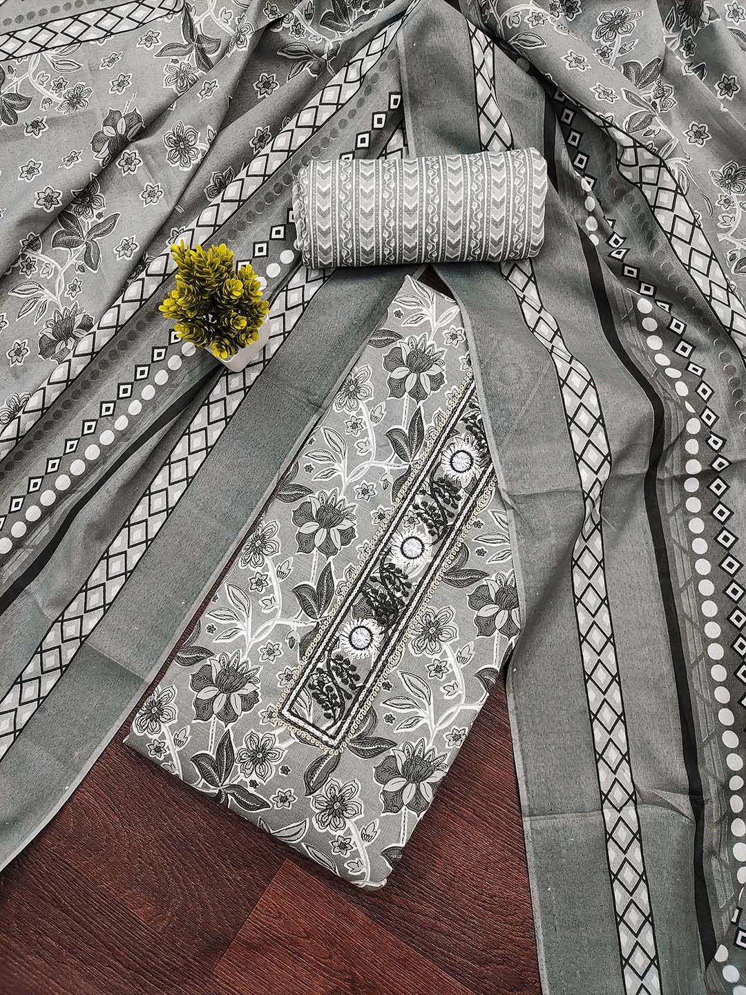HERE&NOW Floral Printed Thread Work Cotton Unstitched Dress Material