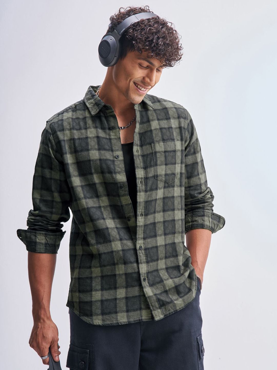 HIGHLANDER HIGHLANDER Slim Fit Other Checks Checked Spread Collar Cotton Shirt