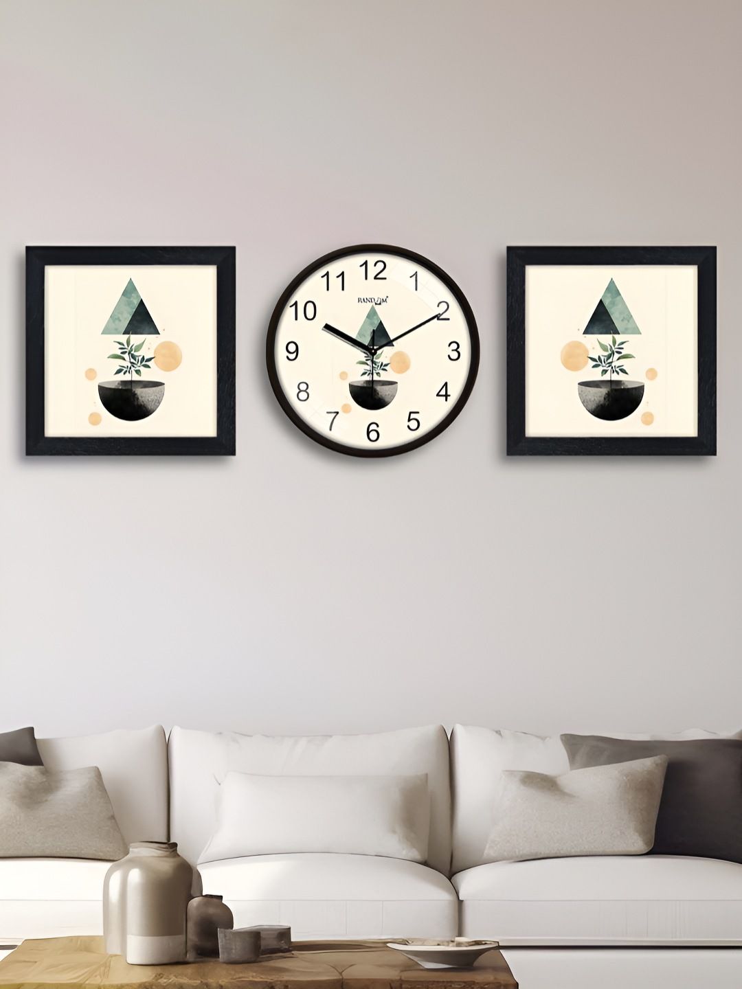 RANDOM 3 Pieces Off White & Black Abstract Printed Contemporary Wall Clock & Wall Arts