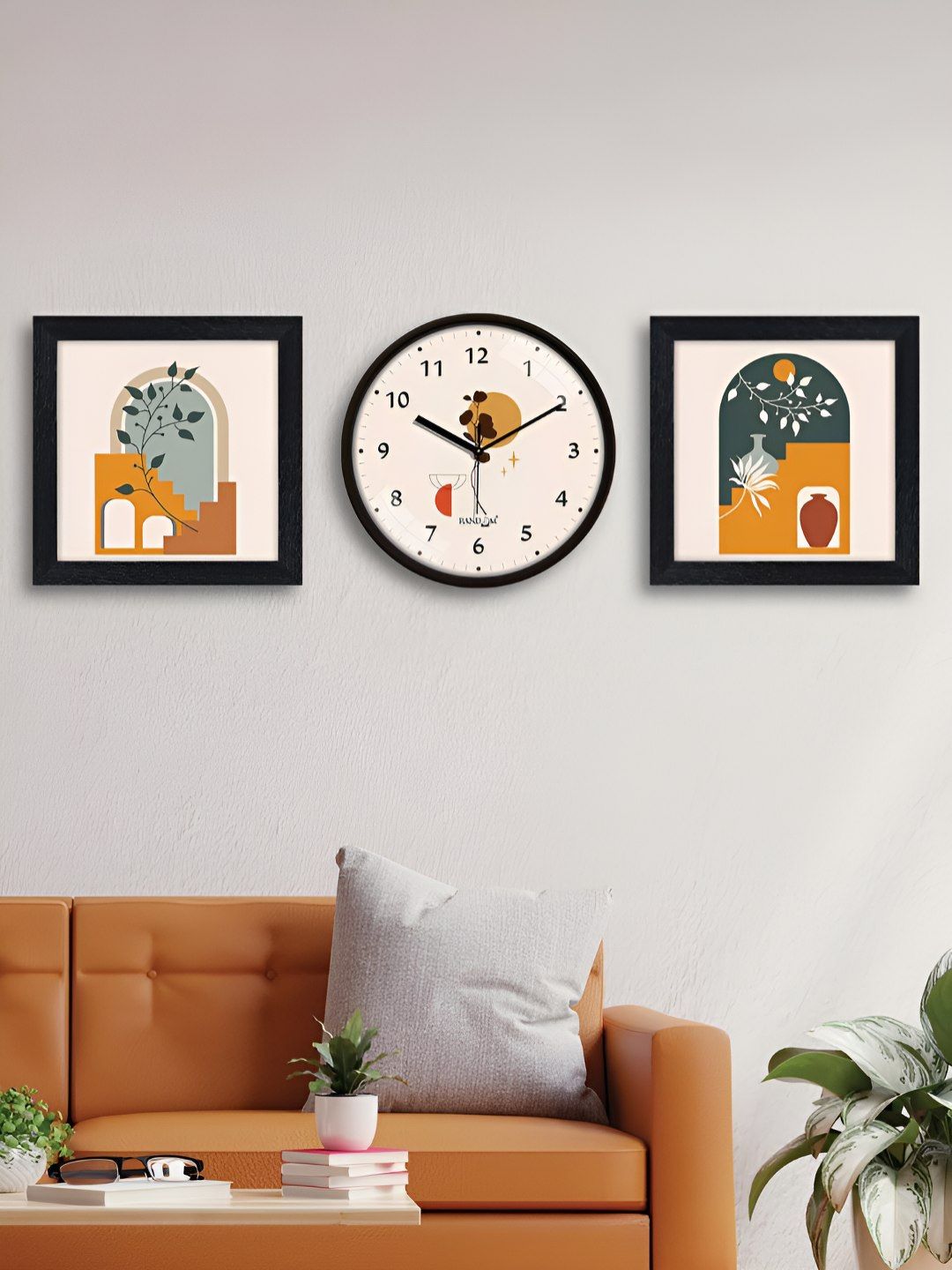 RANDOM 3 Pieces Off White & Mustard Abstract Printed Contemporary Wall Clock & Wall Arts