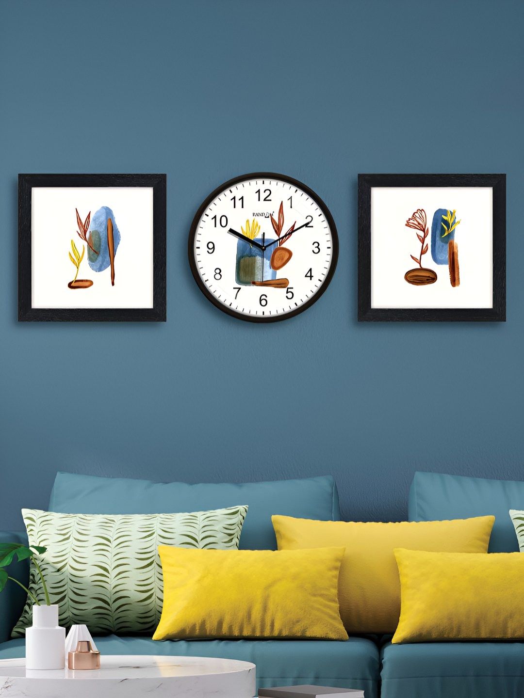 RANDOM White & Black 3 Pieces Printed Contemporary Wall Clock & Wall Art