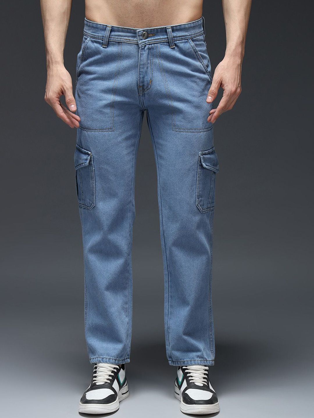 DENIMLOOK Men Mid-Rise Light Fade Stretchable Baggy Cargo Styles Jeans