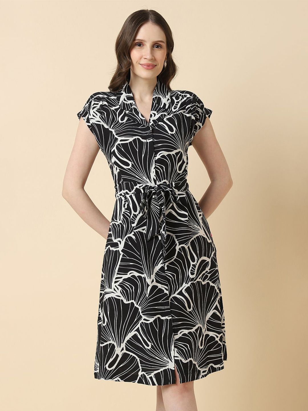 Allen Solly Woman Abstract Printed Shirt Collar Fit and Flare Above Knee Dress