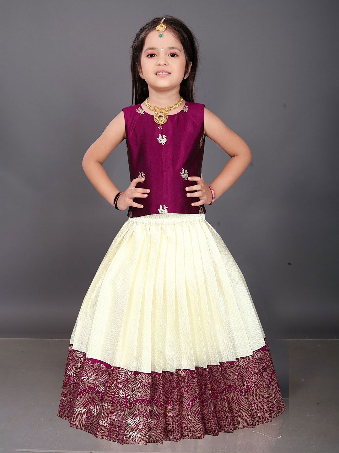 FELIZ THE DESIGNER STUDIO Girls Woven Design Zari Ready To Wear Cotton Lehenga & Blouse