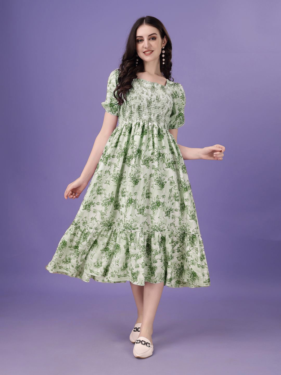 Buy PTVIZE Square Neck Puff Sleeves Printed Smocked Crepe Fit