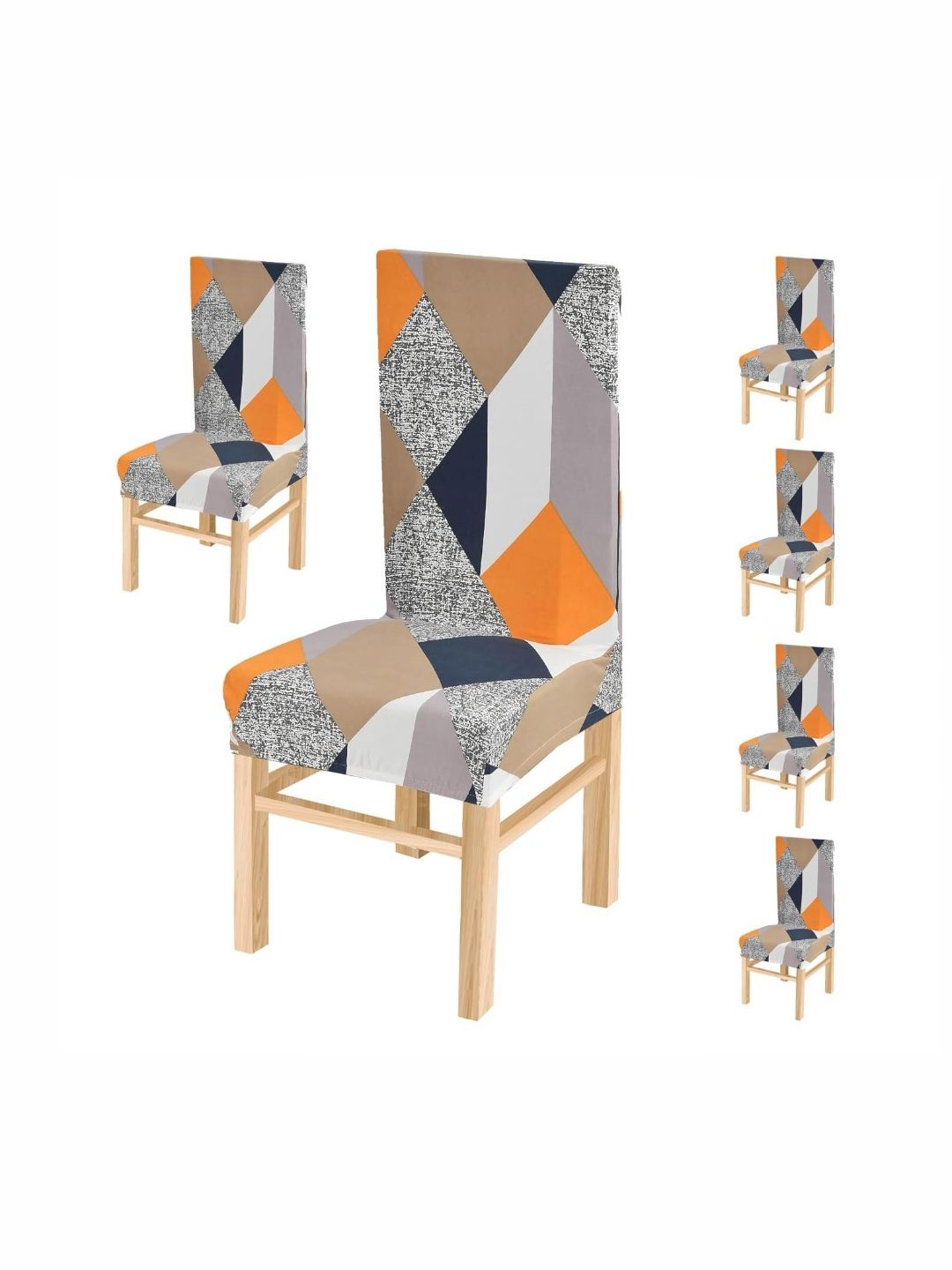 Yellow Weaves 6-Pcs Grey & Orange Coloured Printed Stretchable Chair Covers