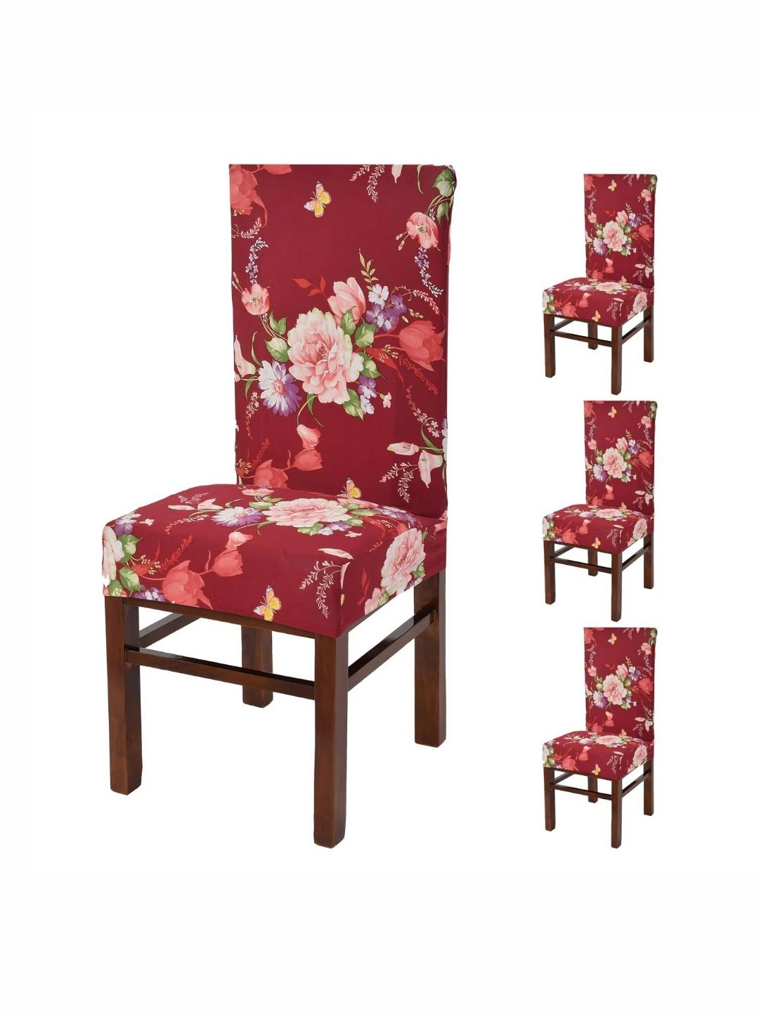 Yellow Weaves Red & Pink 4 Pieces Floral Printed Stretchable Chair Covers
