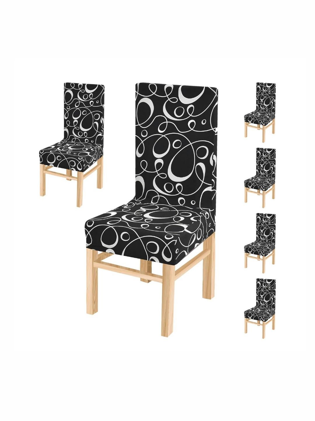 Yellow Weaves Black & White 6 Pieces Printed Stretchable Chair Covers