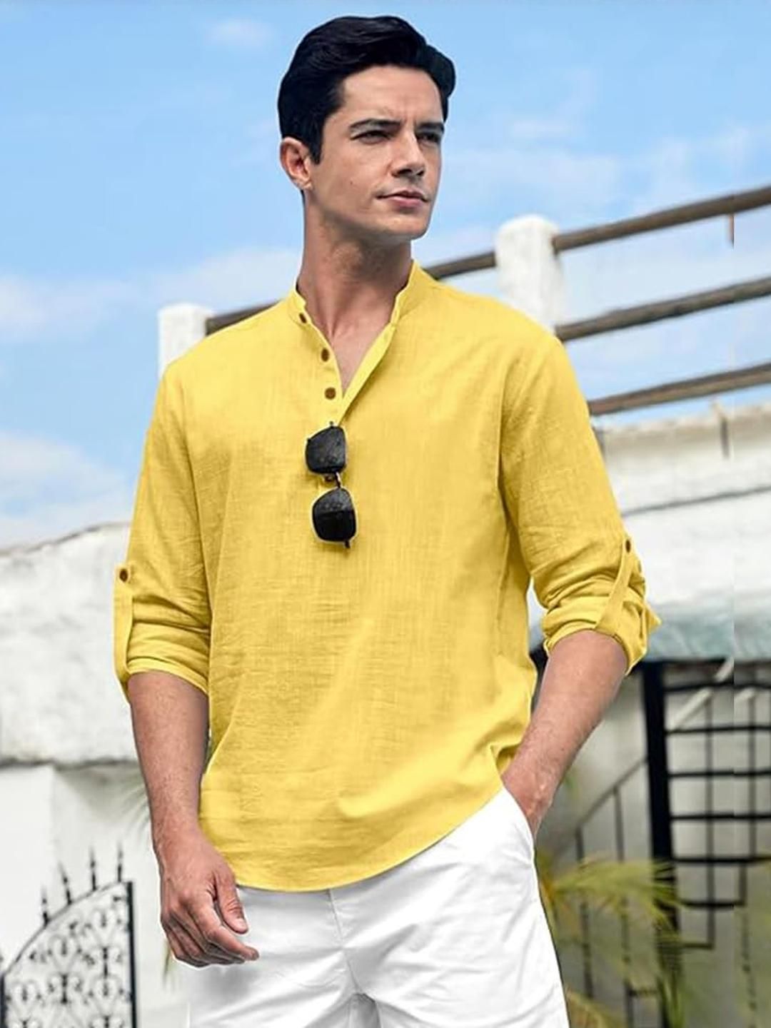 Edin Men Yellow Cotton Kurtas