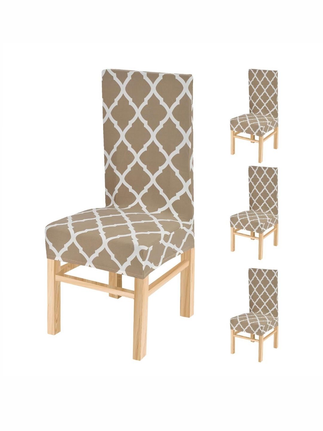 Yellow Weaves Beige & White 4 Pieces Printed Stretchable Chair Covers