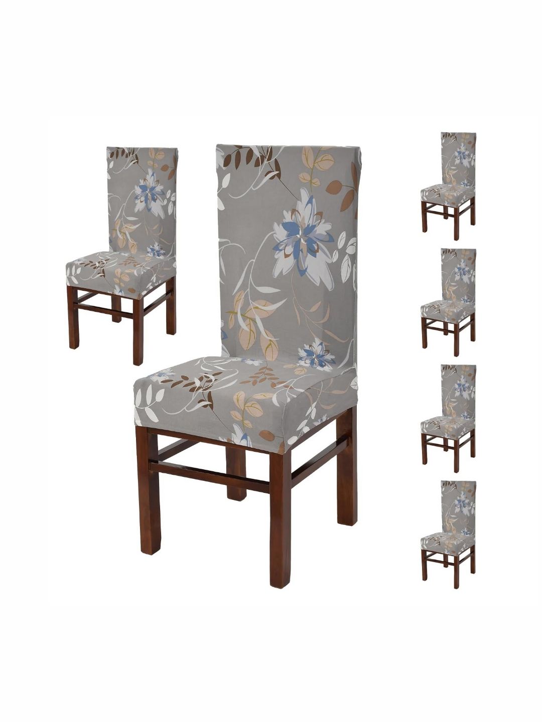 Yellow Weaves Grey & Blue 6 Pieces Floral Printed Stretchable Chair Covers