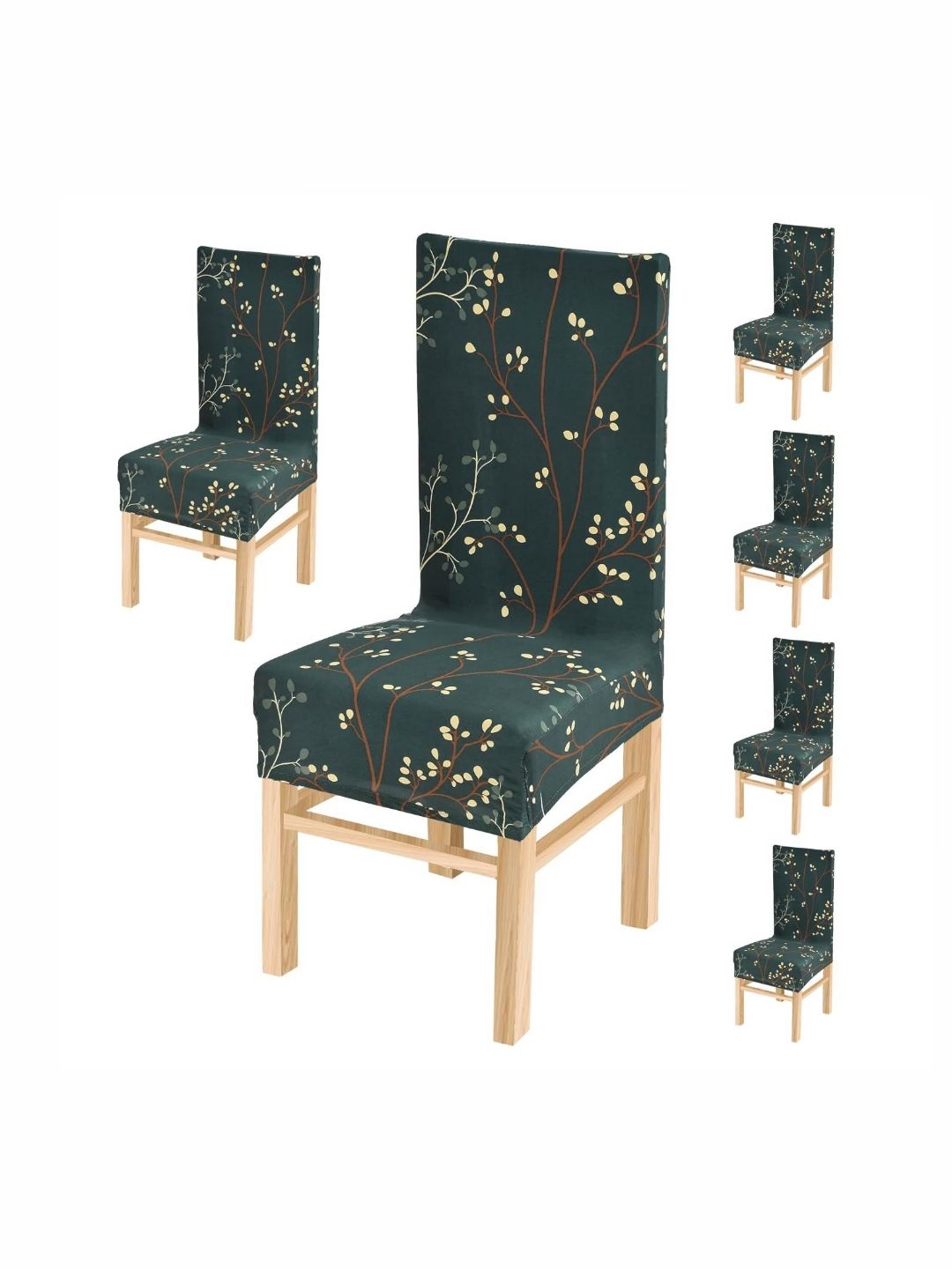 Yellow Weaves Green & Brown 6 Pieces Printed Stretchable Chair Covers