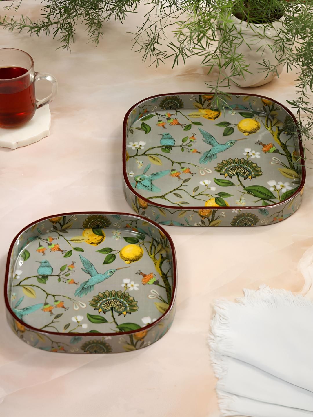 DULI Grey & Yellow 2 Pieces Printed Square Shaped Serving Trays