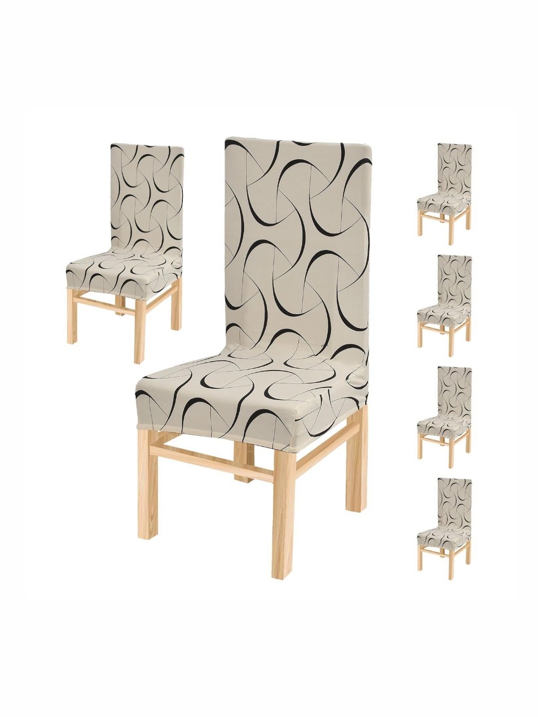 Yellow Weaves Beige & Black 6 Pieces Printed Stretchable Chair Covers