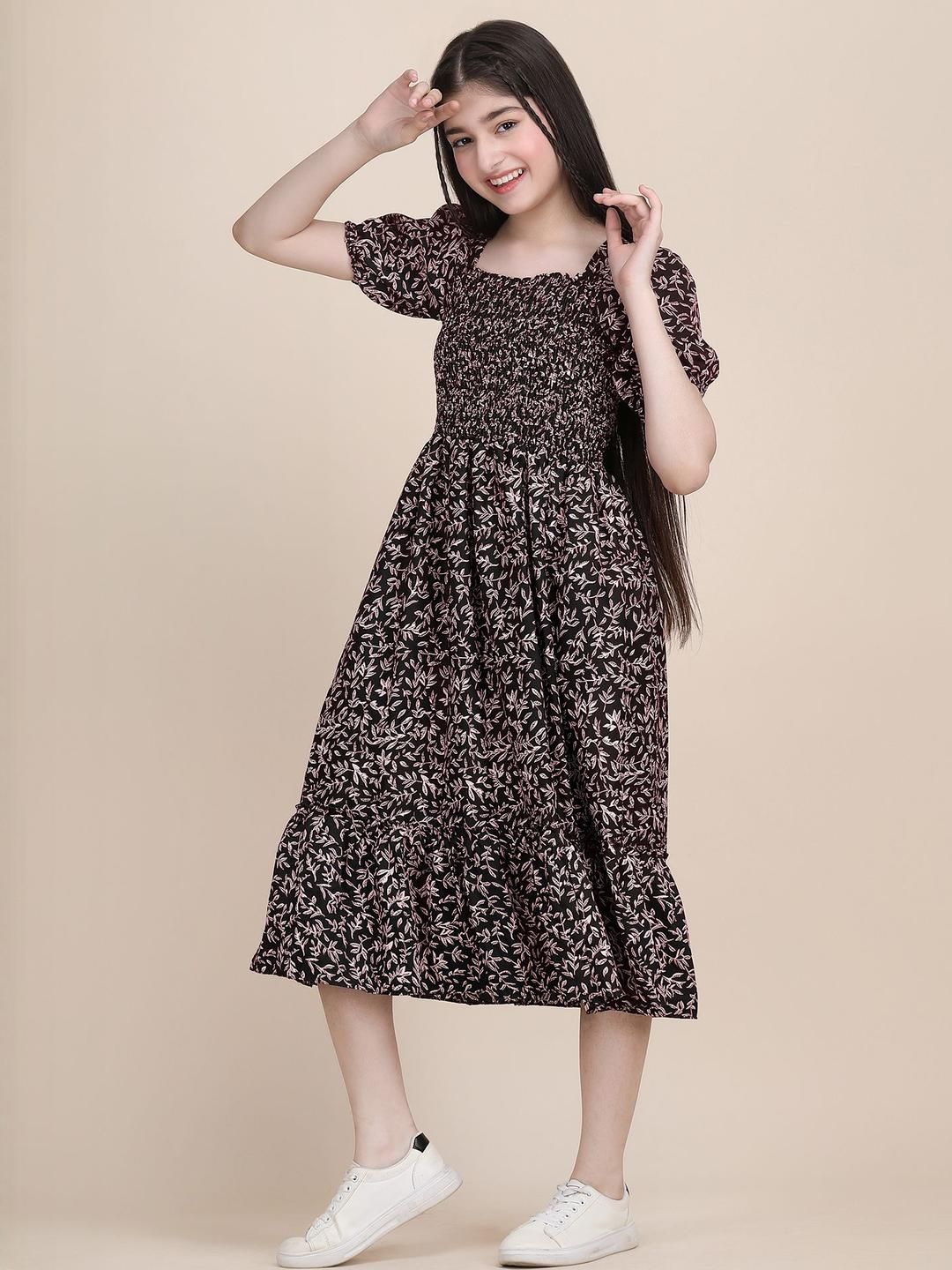 Buy PTVIZE Floral Print Puff Sleeve Crepe A-Line Midi Dress