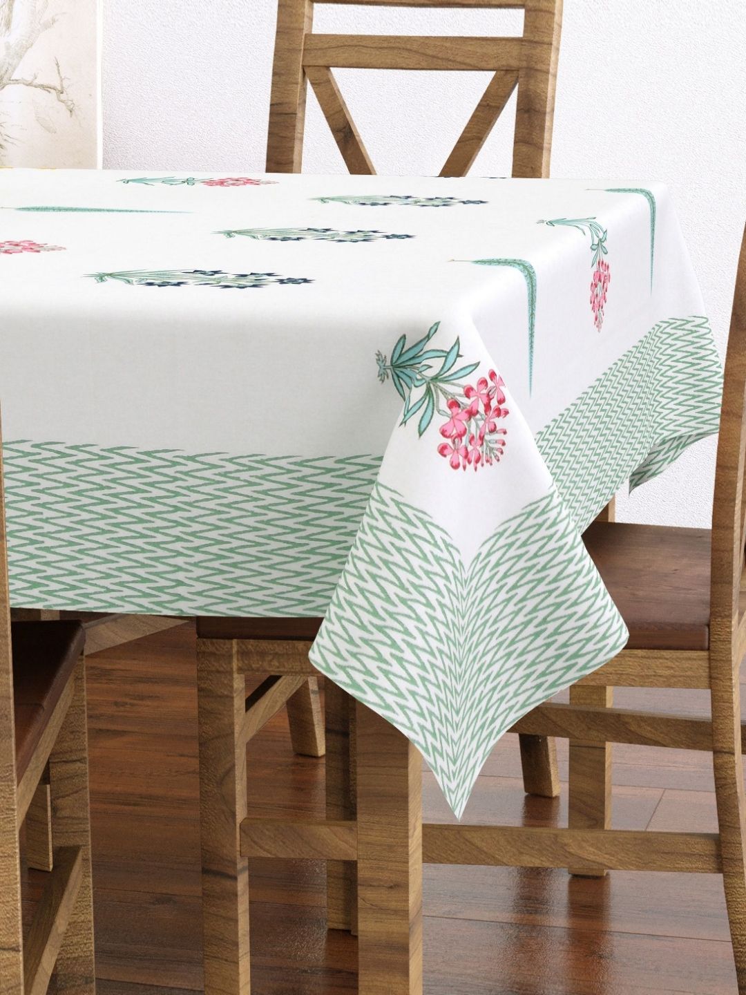 Texstylers Texstylers White & Green Floral Printed Anti-Slip Cotton 6-Seater Table Cover