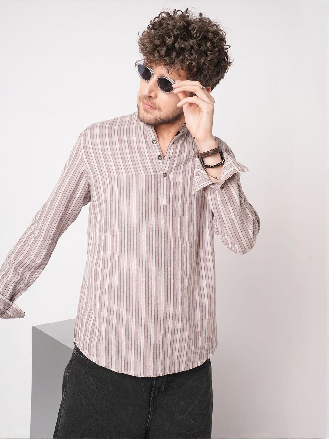 VASTRADO Beads And Stones Cordovan Striped Cotton A-Line Above Knee Kurta