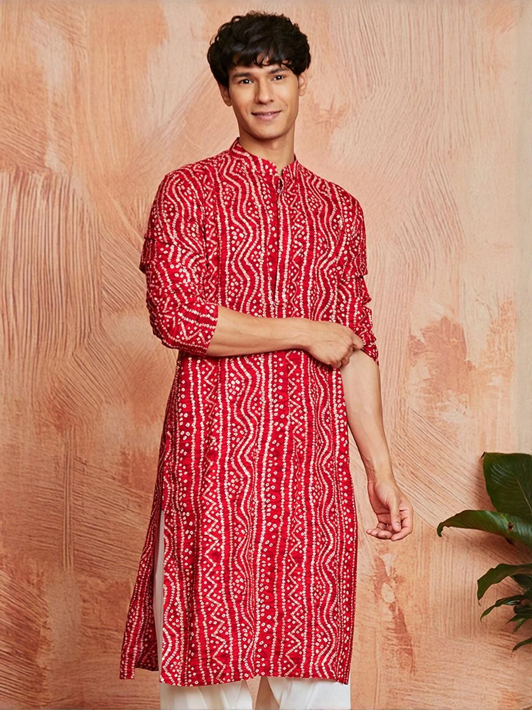 VASTRAMAY Men Bandhani Printed Mandarin Collar Straight Kurta