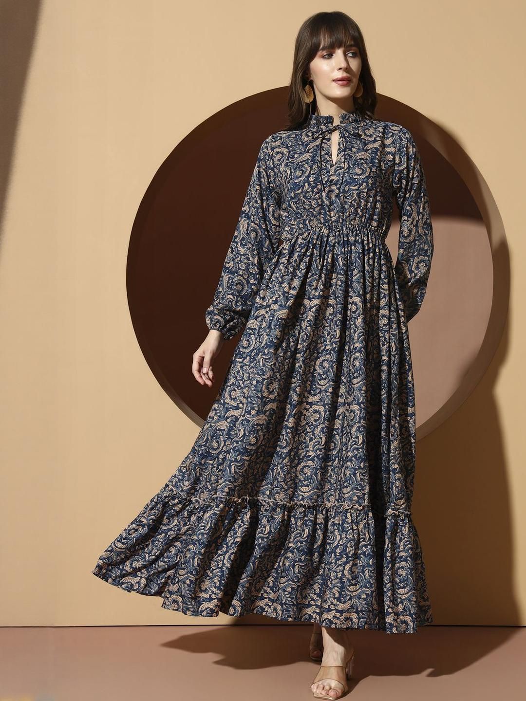 OTABU Floral Print Applique A-Line Maxi Dress