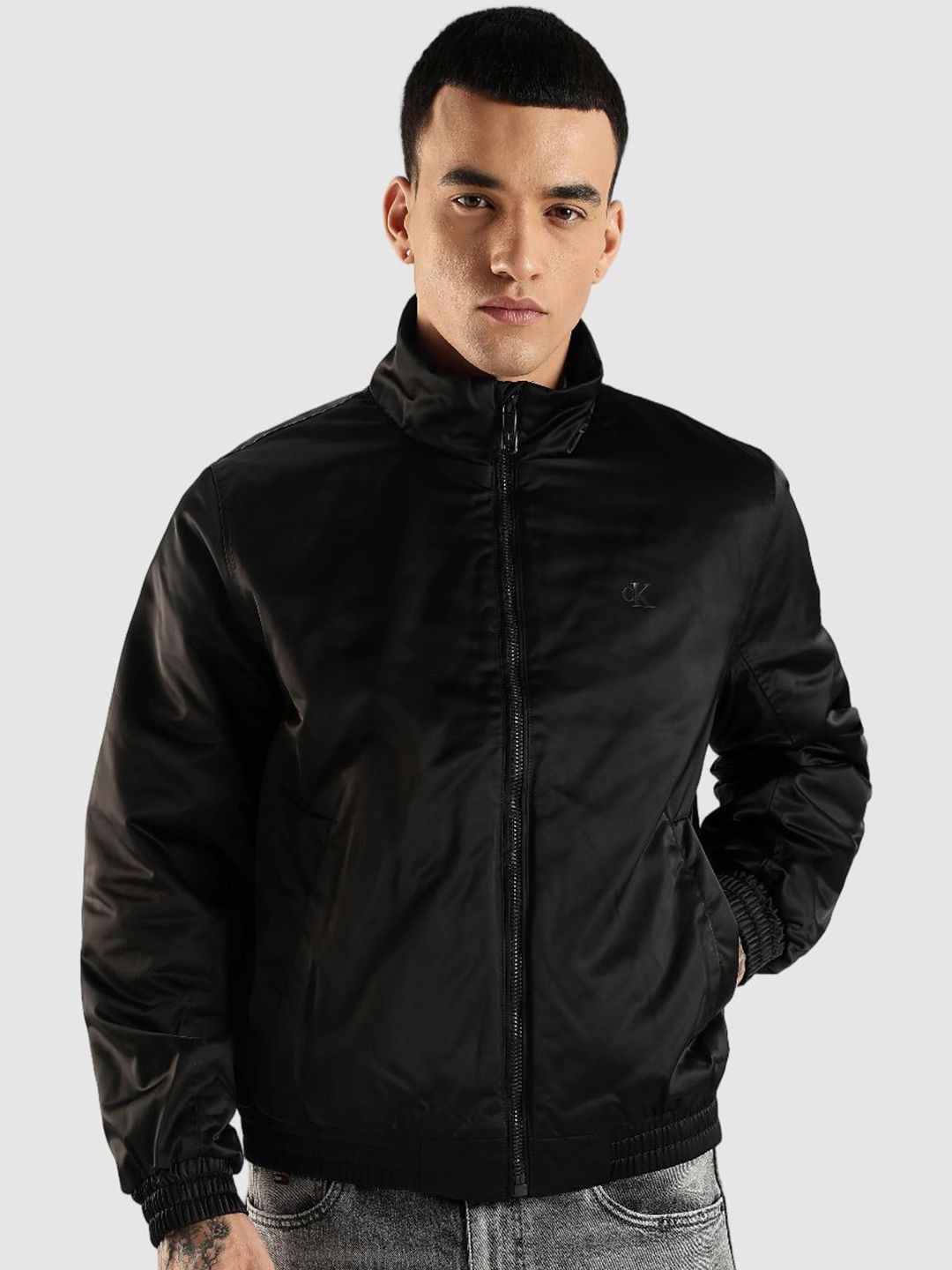 Calvin Klein Jeans Men Mock Collar Solid Casual Bomber
