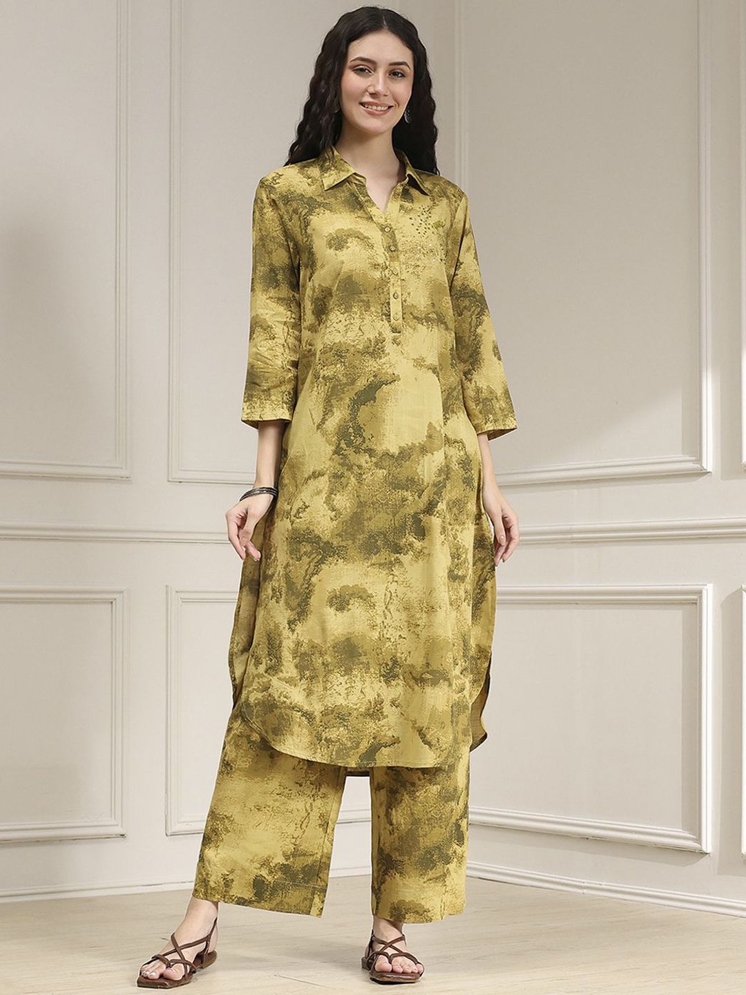 Biba Biba Abstract Printed Shirt Collar Kurta With Palazzos
