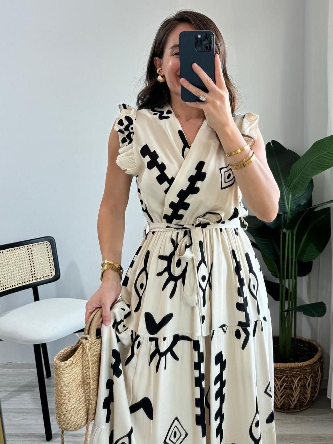 PIMU Abstract Print Sleeveless Maxi Dress