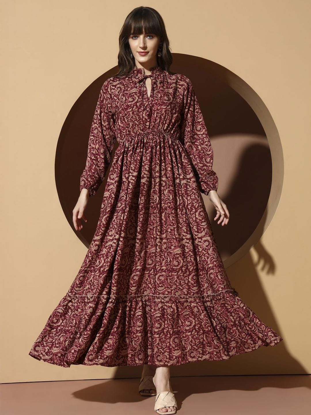 OTABU Floral Print Applique A-Line Maxi Dress