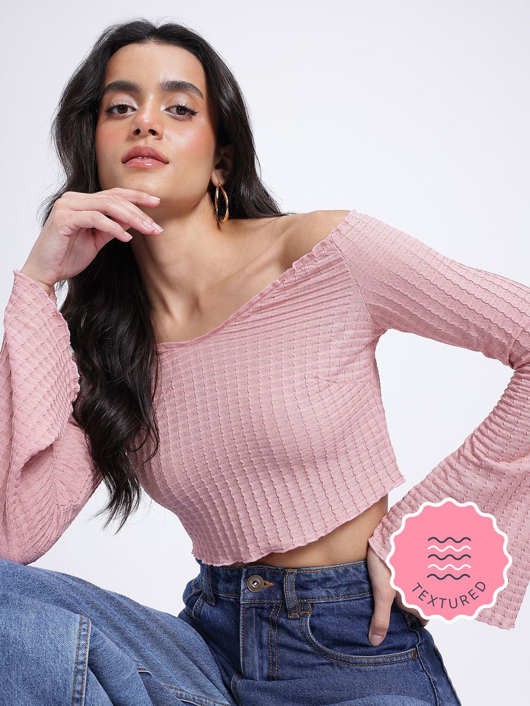 glitchez glitchez Flare Sleeves Textured Crop Bardot Top