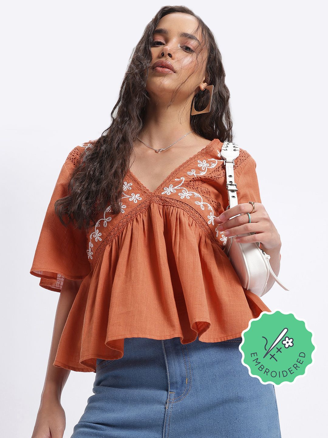 Buy glitchez Embroidered Lace Insert Empire Top - Tops for Women