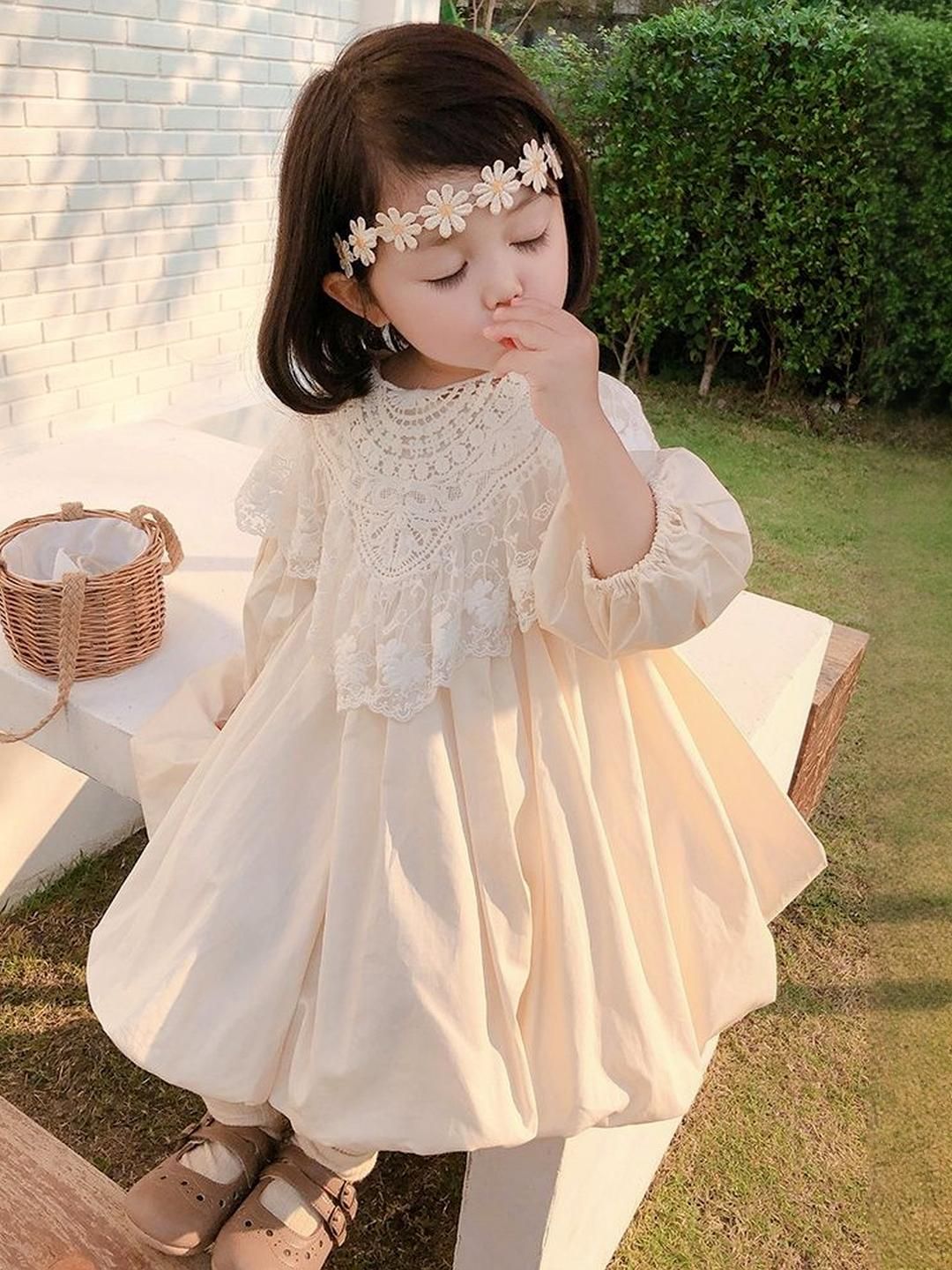 LULU & SKY Girls Self Design Puff Sleeve Pure Cotton Fit & Flare Dress