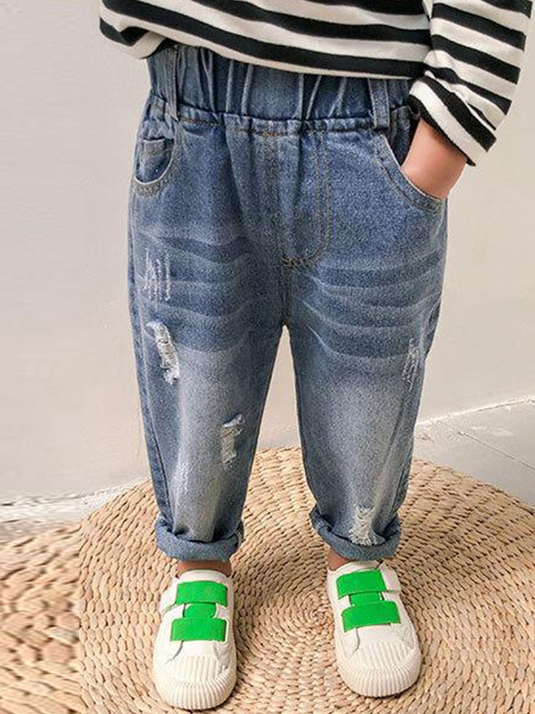 LULU & SKY Boys Tapered Fit Mid-Rise Mildly Distressed Heavy Fade Jeans