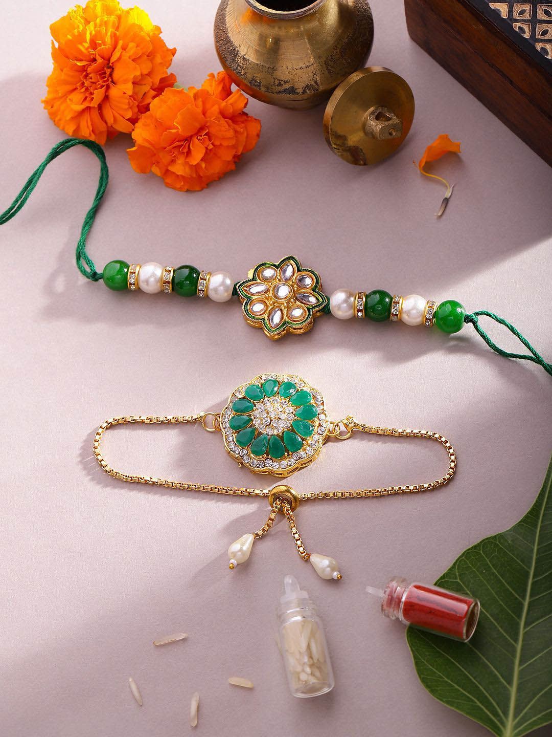 Sangria Stone Studded & Beaded Bhai Bhabhi Thread Rakhis With Roli Chawal & Greetings Card
