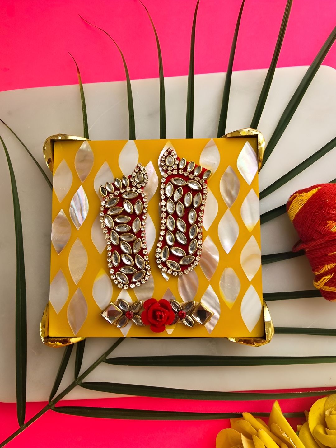HOMEARTE White & Yellow Textured Wooden MOP Laxmi Charan Paduka