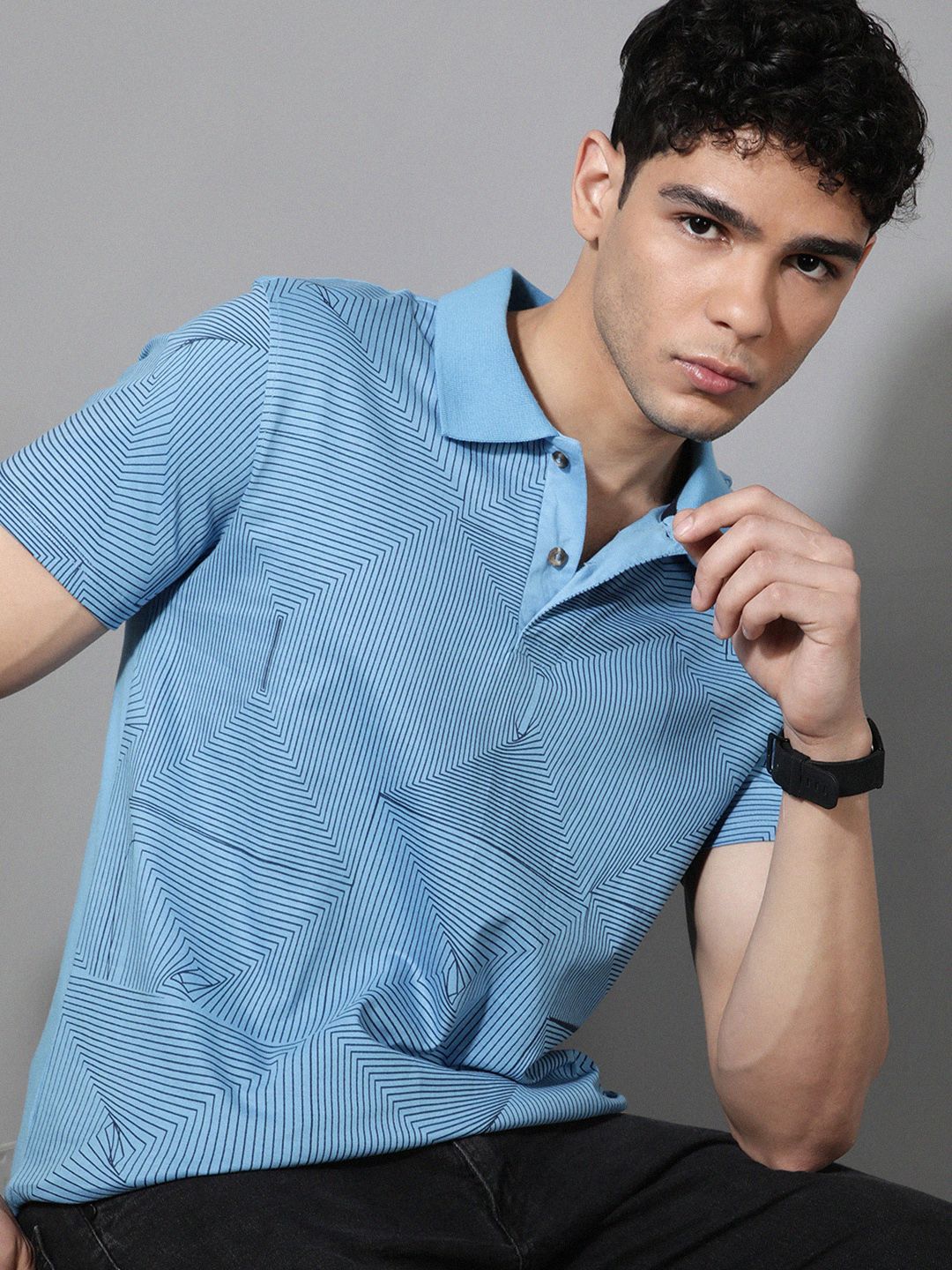 The Roadster Lifestyle Co Geometric Printed Pure Cotton Polo Collar Pure Cotton T-Shirt