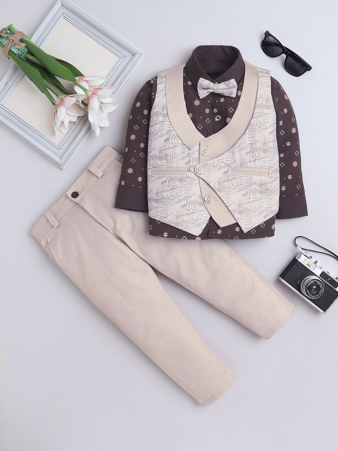 FOURFOLDS Boys Printed Single-Breasted Three-Piece Suit