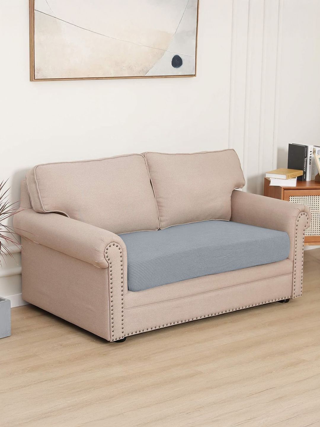 HOKIPO Grey Solid Jacquard 2 Seater Sofa Seat Cushion Cover