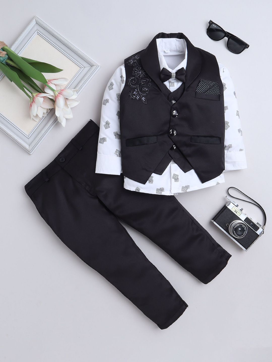 FOURFOLDS Boys Floral Embroidered & Stone Embellished 3-Piece Party Suit