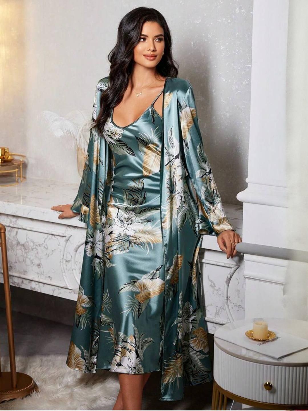 For You For Me For You For Me Women Floral Printed Satin Nightdress With Robe