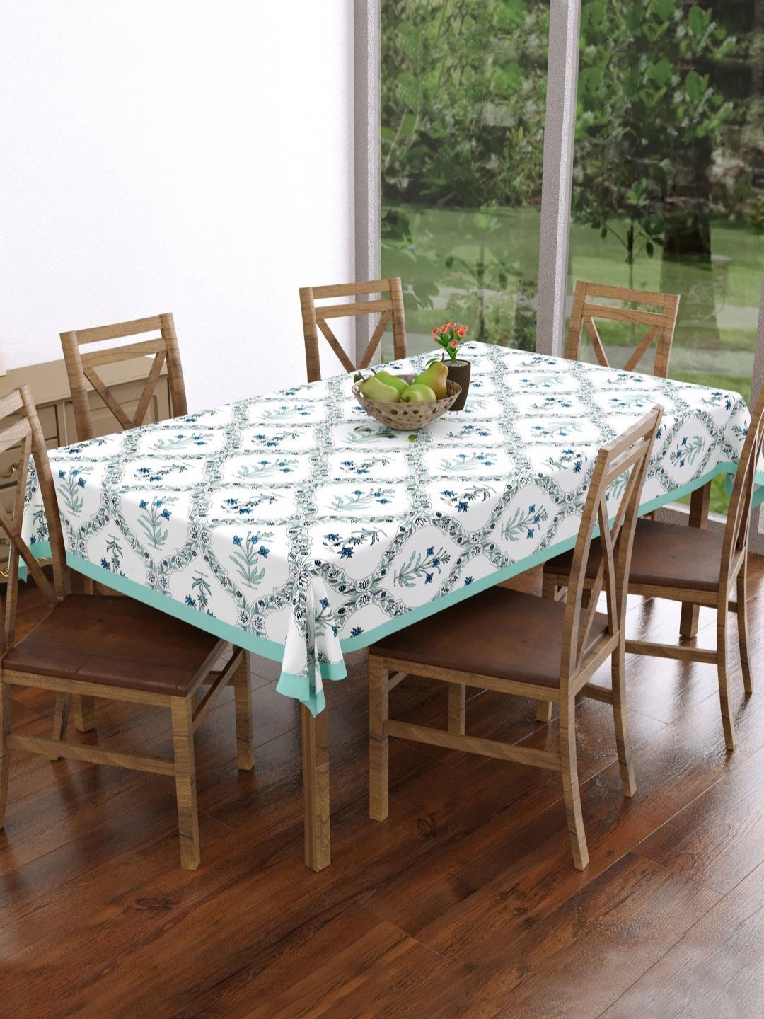 BLOCKS OF INDIA Turquoise Blue Ethnic Motifs Cotton 6-Seater Table Cover
