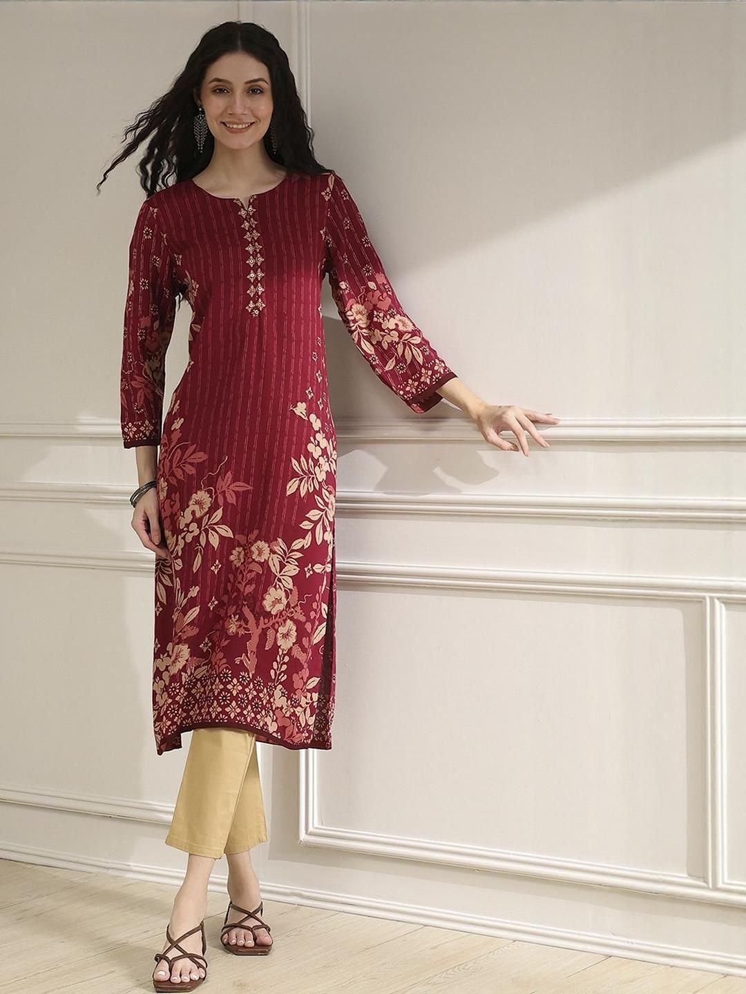Biba Biba Floral Printed Notch Neck Straight Kurta